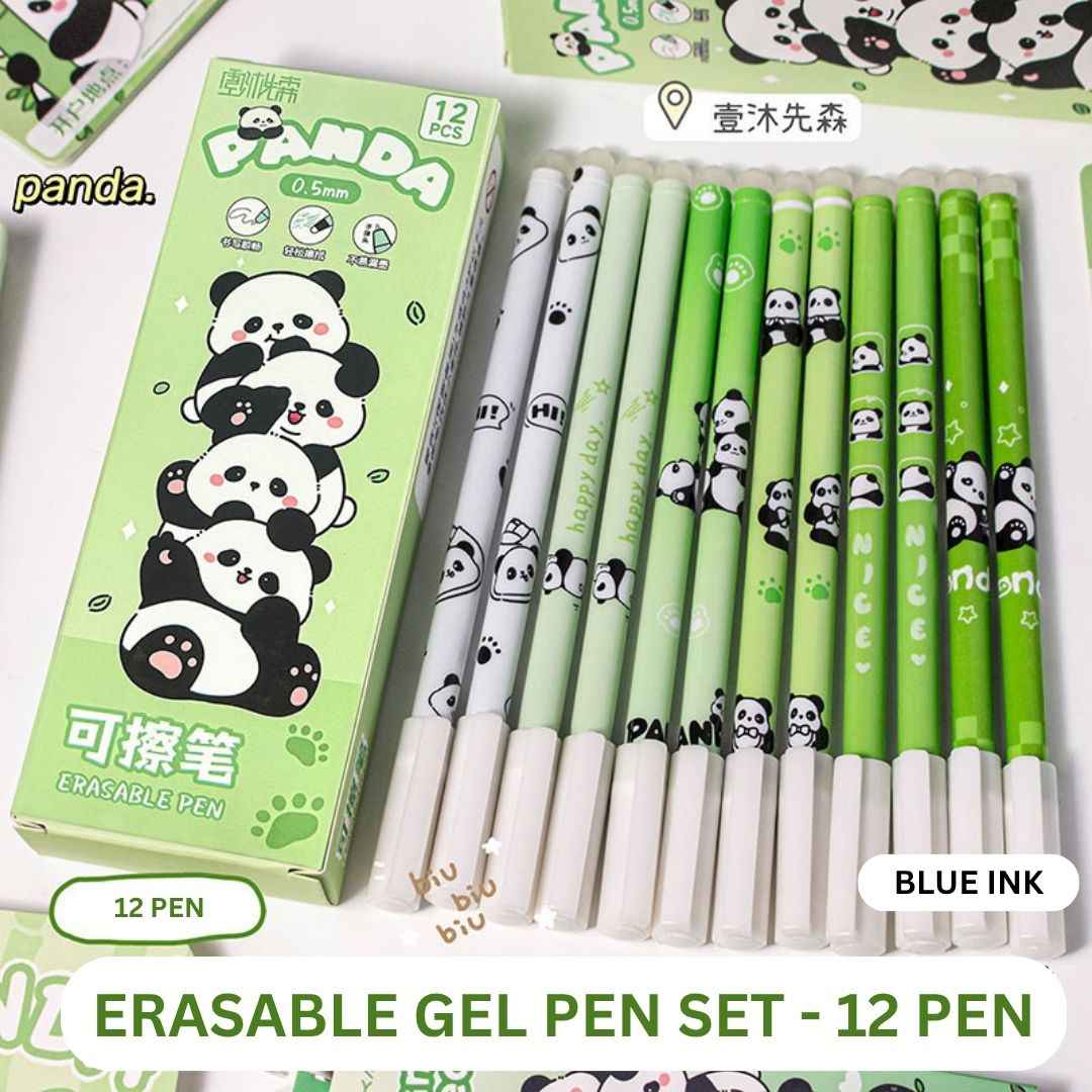 12 Pcs Panda Erasable Gel Pens - 0.5mm Fine Tip, Cute Design, Smooth Blue Ink for Kids, Students, Gifting Women, Girls, Boys, Office & School Supplies