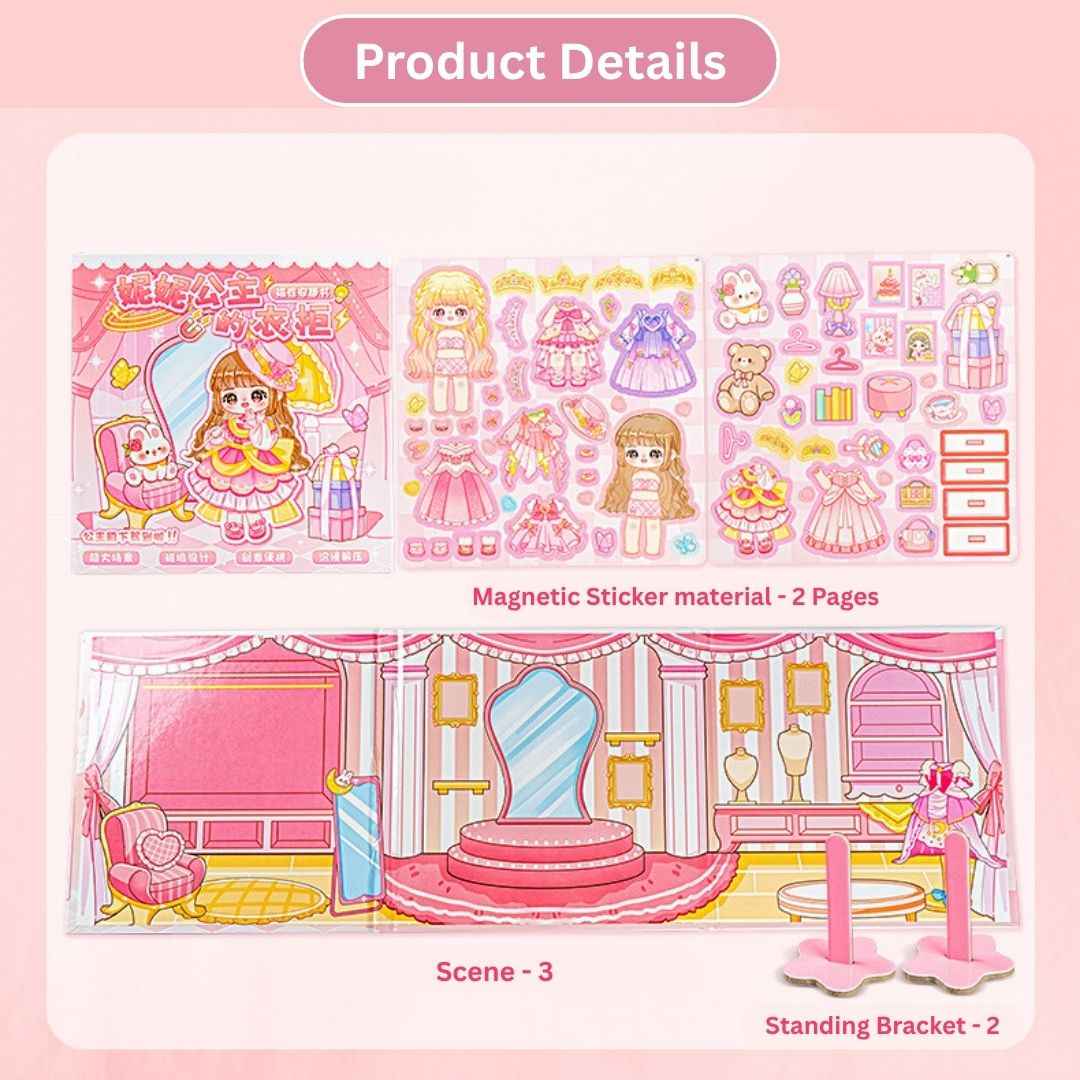 Princess Nini's Magnetic Wardrobe Reusable Magnetic Dress-Up Book for Girls with Cute Outfits, Accessory Stickers & Foldable Scene Room