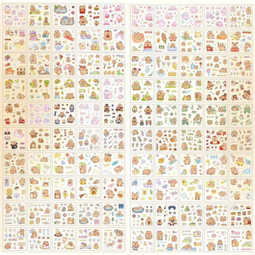 100 pcs Capybara Stickers Set – Kawaii PET Stickers, Japanese Style Craft Stickers, Self-Adhesive Sticker Sheets