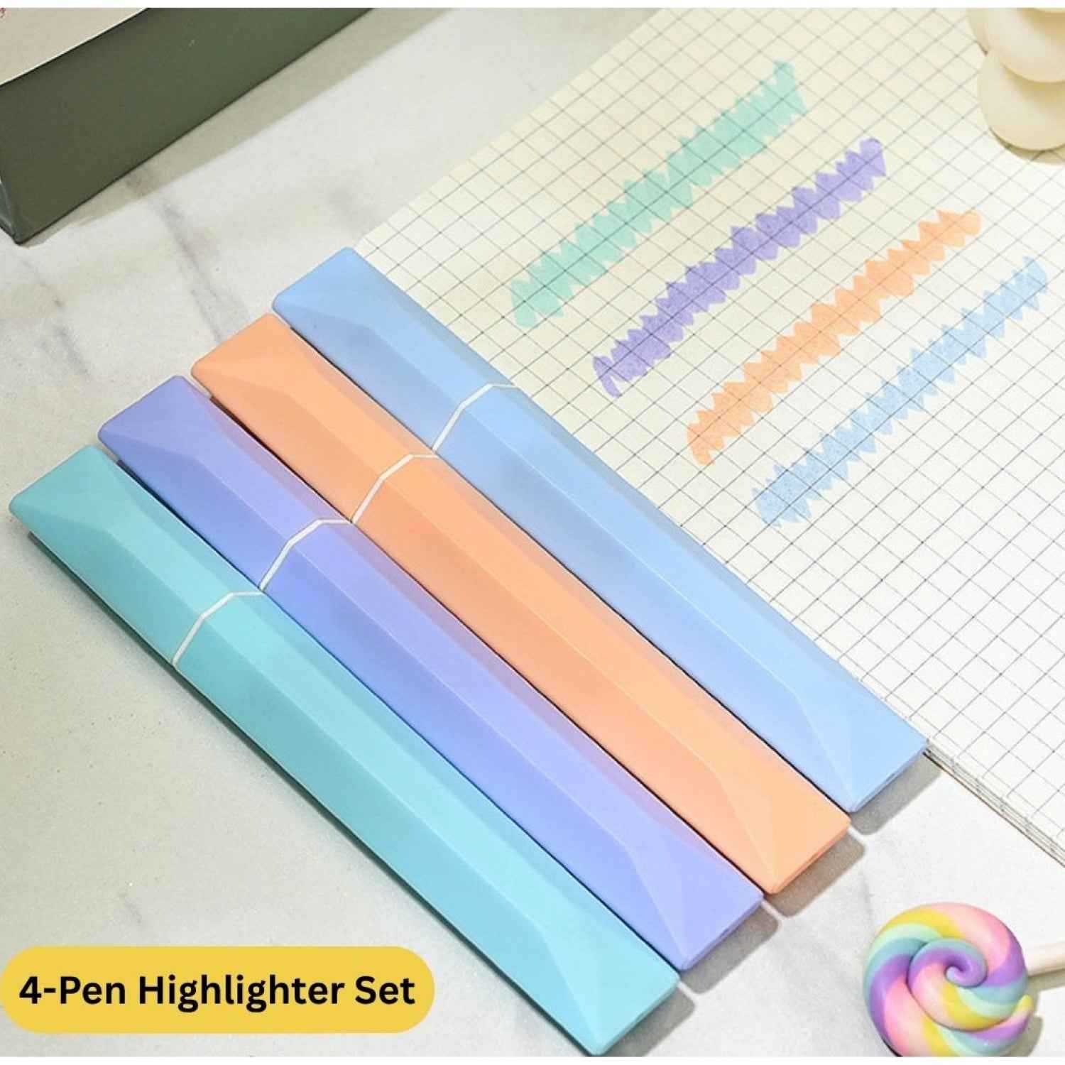 4 Pcs Aesthetic Pastel Highlighter Set - Soft Head Chisel Tip Marker Pens for Journaling, Study & Office - No Bleed, Fast Drying, Square Grip Cute Stationery (Macaron Colors)