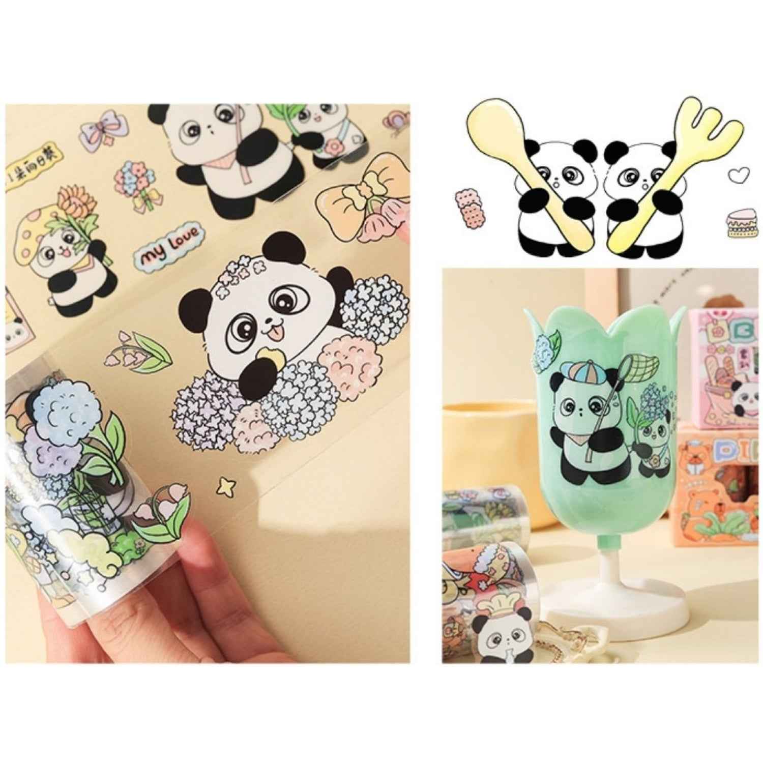 Decorative Vintage Cafe Washi Tape Set - 4 Rolls PET Tape for Scrapbooking & Journaling, Bear Diary Theme, 6cm Wide, 200cm Long Each