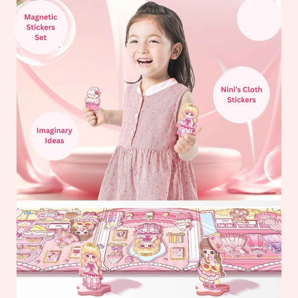 Princess Nini's Magnetic Wardrobe Reusable Magnetic Dress-Up Book for Girls with Cute Outfits, Accessory Stickers & Foldable Scene Room