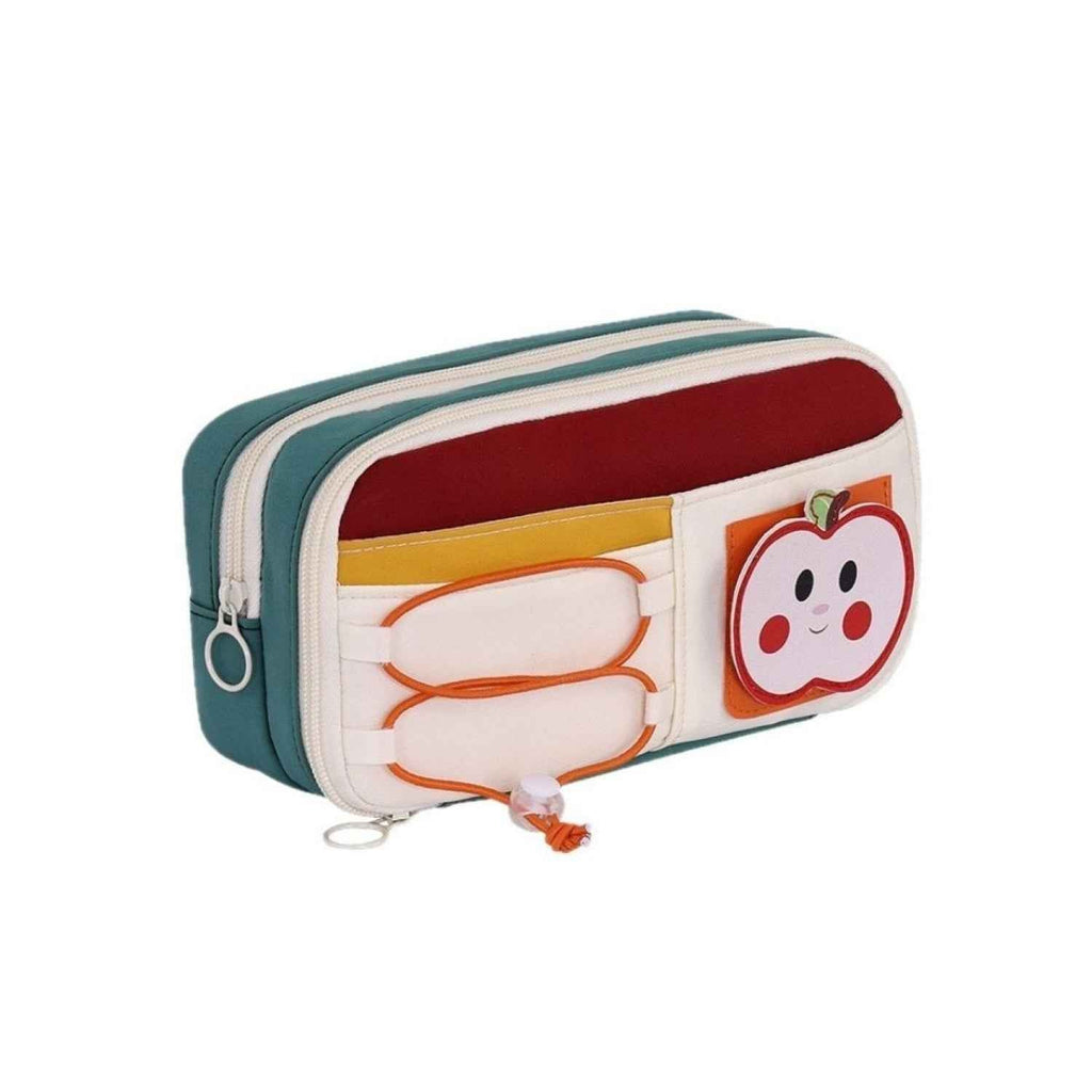 Apple Red Pencil Pouch - Large Capacity Multi-Compartment Zipper Case with Front Pocket & Elastic Organizer for Girls