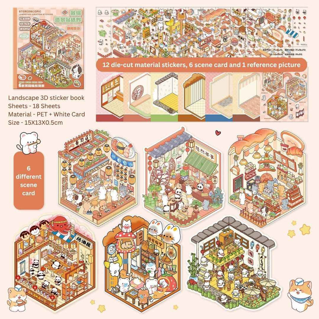 3D Sticker Book for Kids – 18 Sheets of Fun with 6 Scene Cards & 12 PET Stickers for DIY Cartoon Collage