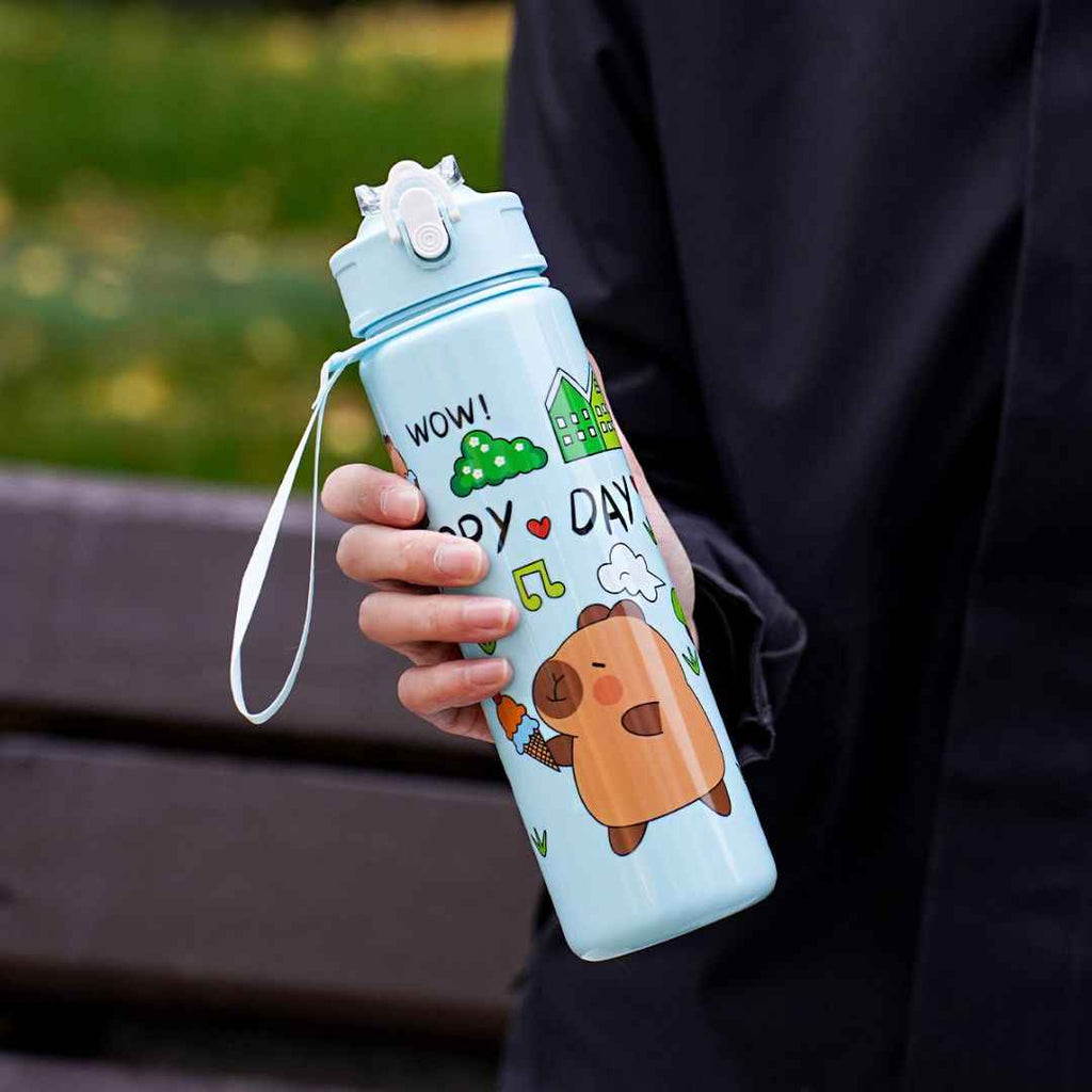Cute Capybara Water Bottle 700ml | Portable Lightweight Reusable Bottle with Strap | Random Color | Pack of 1