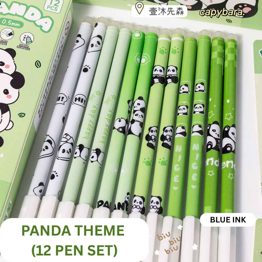 12 Pcs Panda Erasable Gel Pens - 0.5mm Fine Tip, Cute Design, Smooth Blue Ink for Kids, Students, Gifting Women, Girls, Boys, Office & School Supplies