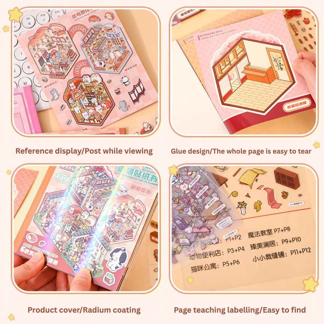 3D Sticker Book for Kids – 18 Sheets of Fun with 6 Scene Cards & 12 PET Stickers for DIY Cartoon Collage