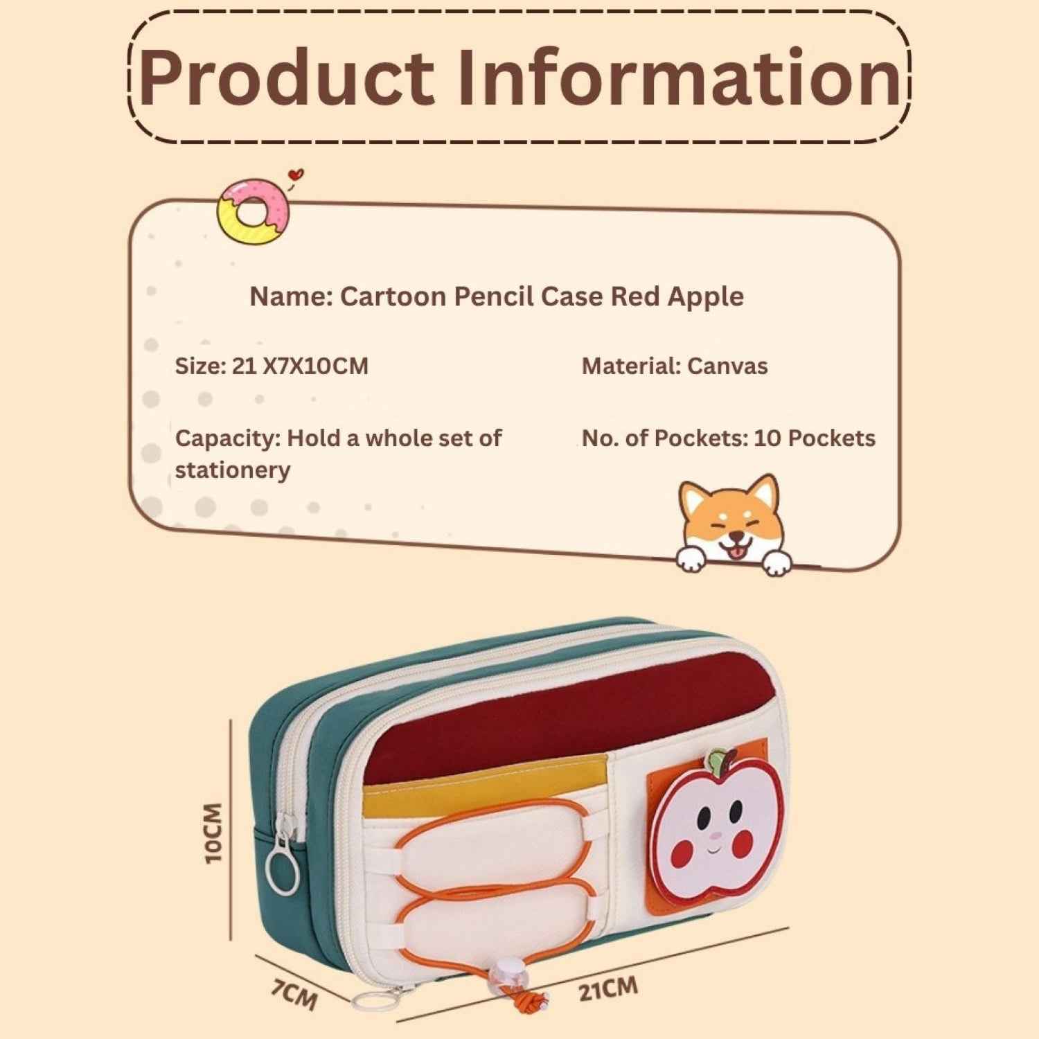 Apple Red Pencil Pouch - Large Capacity Multi-Compartment Zipper Case with Front Pocket & Elastic Organizer for Girls