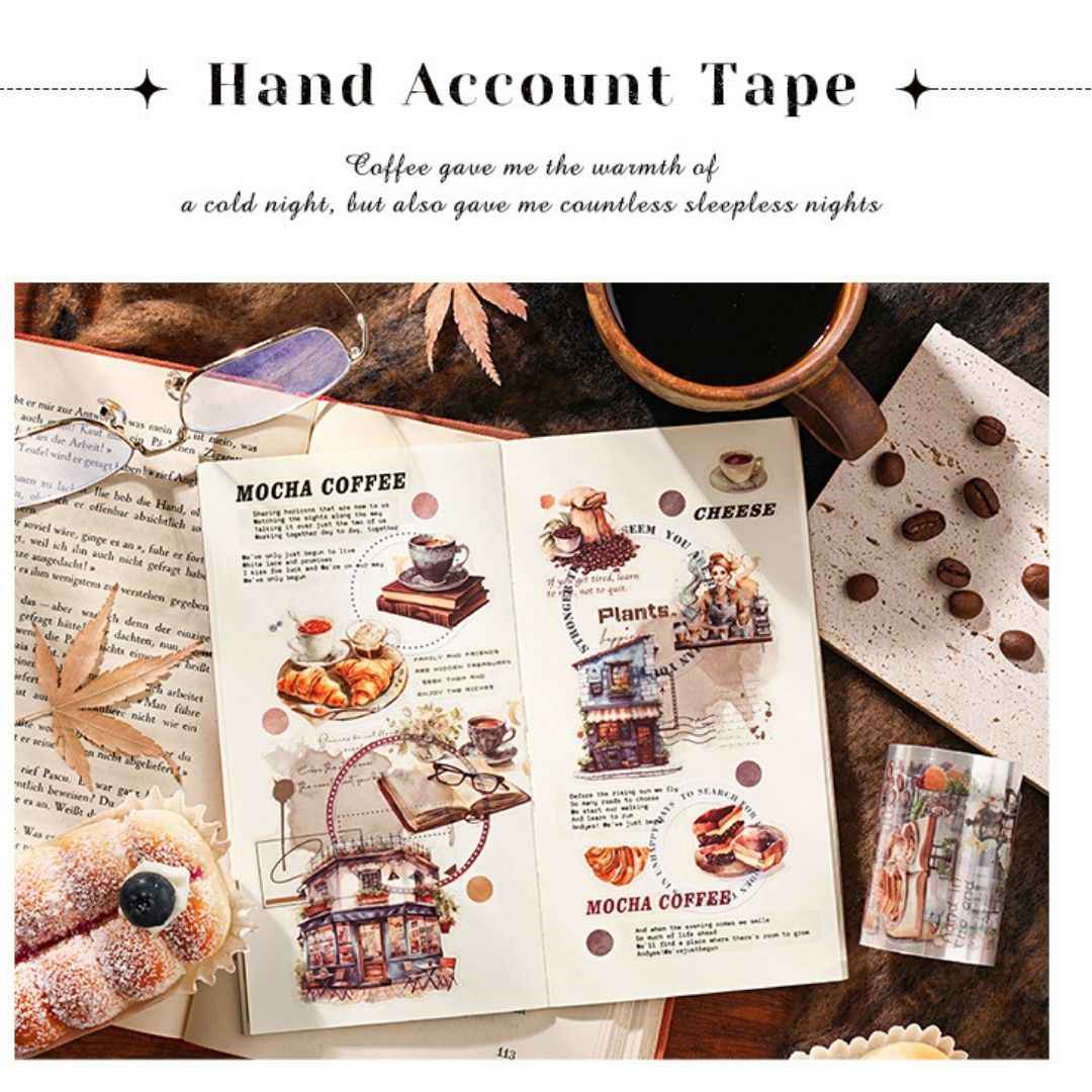 Coffee Washi Tape Set - Vintage Coffee Shop Design, 4 Rolls, 6cm x 200cm Each for Scrapbooking, Journaling, DIY Crafts
