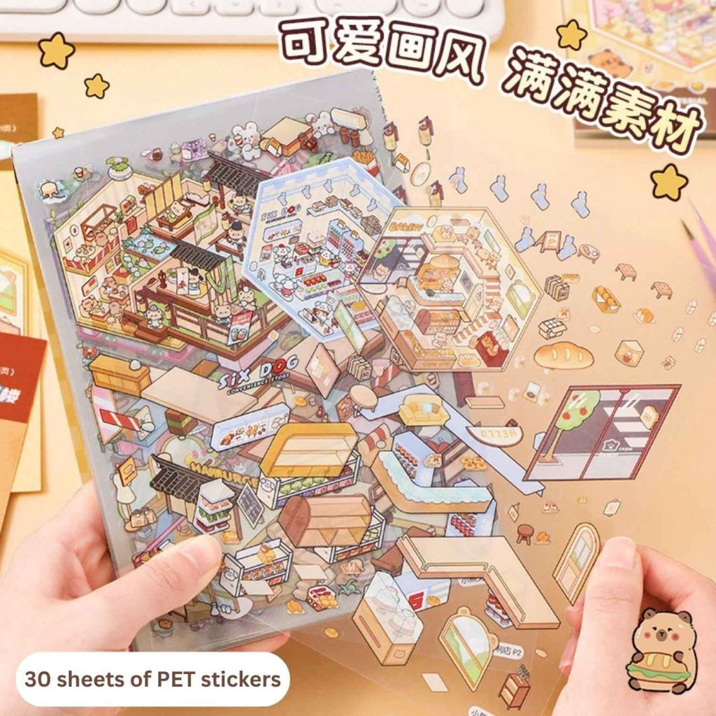 3D Simulation Sticker Book for Kids - 50 Sheets of Fun with 20 Scene Cards & 30 PET Stickers for DIY Cartoon Collage Projects
