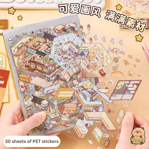 3D Simulation Sticker Book for Kids - 50 Sheets of Fun with 20 Scene Cards & 30 PET Stickers for DIY Cartoon Collage Projects