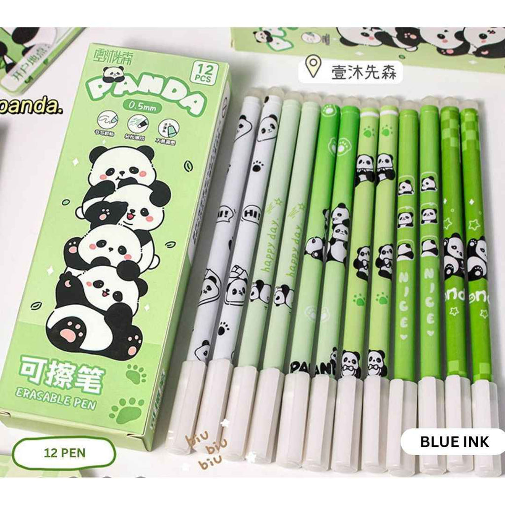 12 Pcs Panda Erasable Gel Pens - 0.5mm Fine Tip, Cute Design, Smooth Blue Ink for Kids, Students, Gifting Women, Girls, Boys, Office & School Supplies