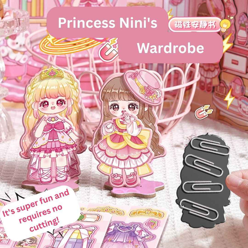 Princess Nini's Magnetic Wardrobe Reusable Magnetic Dress-Up Book for Girls with Cute Outfits, Accessory Stickers & Foldable Scene Room