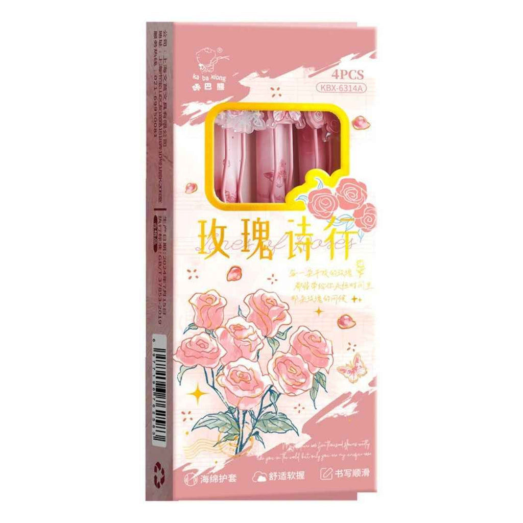 Rose Theme Gel Pen Set - Smooth Writing Pens with Floral Designs for Girls | Pack of 4 for School & Office Use
