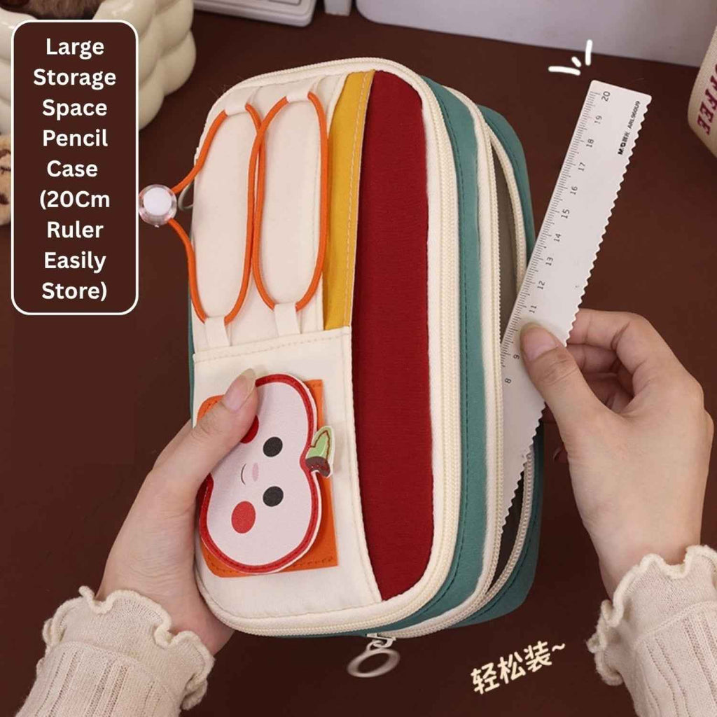Apple Red Pencil Pouch - Large Capacity Multi-Compartment Zipper Case with Front Pocket & Elastic Organizer for Girls