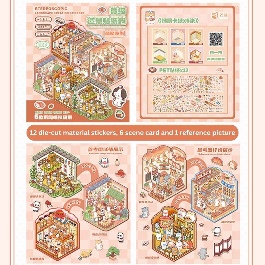 3D Sticker Book for Kids – 18 Sheets of Fun with 6 Scene Cards & 12 PET Stickers for DIY Cartoon Collage