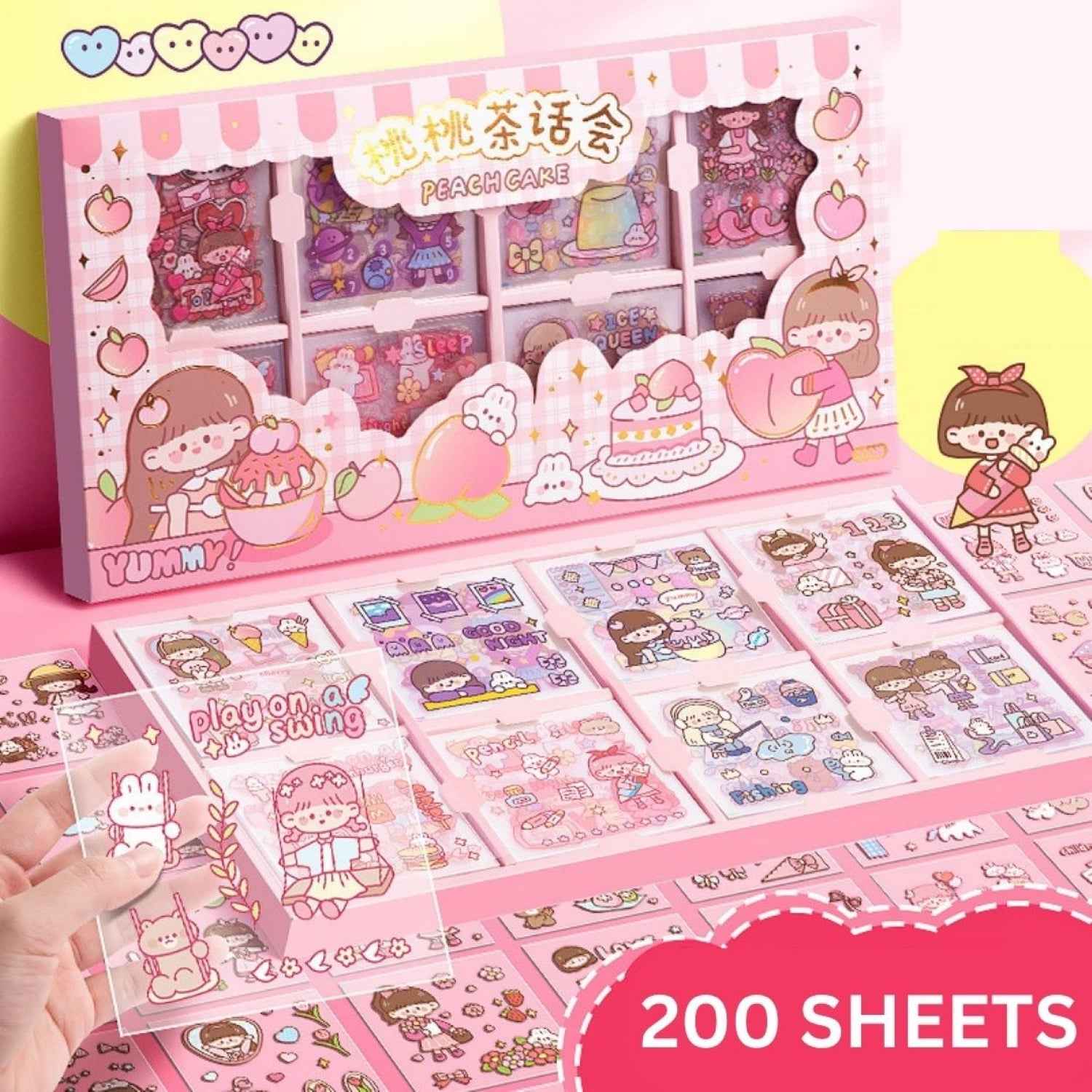 Cute Girl Theme Kawaii Stickers for Journaling - 200 Sheets Peach Cake Washi Stickers for Scrapbooking, DIY Crafts & Gifts