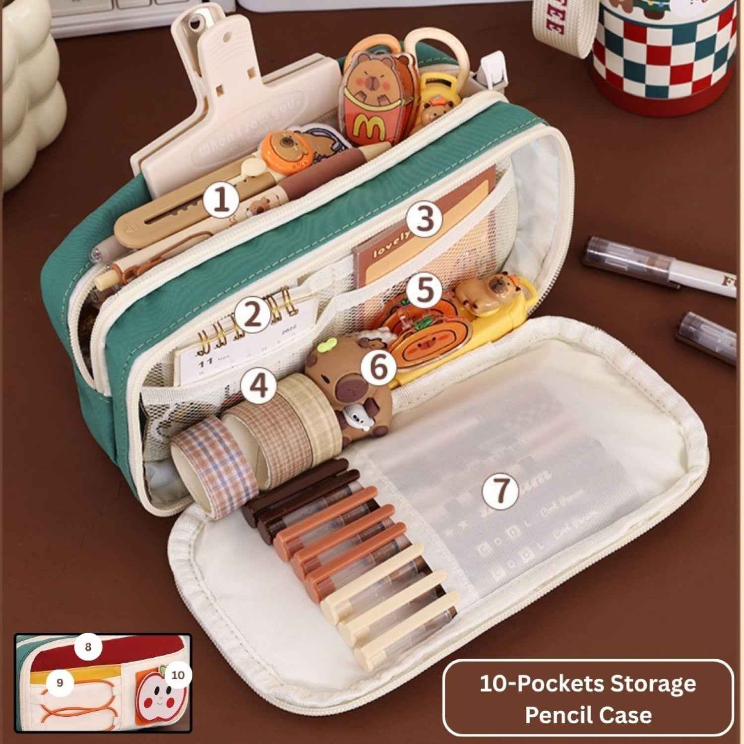 Apple Red Pencil Pouch - Large Capacity Multi-Compartment Zipper Case with Front Pocket & Elastic Organizer for Girls