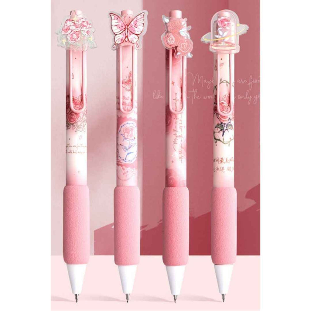 Rose Theme Gel Pen Set - Smooth Writing Pens with Floral Designs for Girls | Pack of 4 for School & Office Use