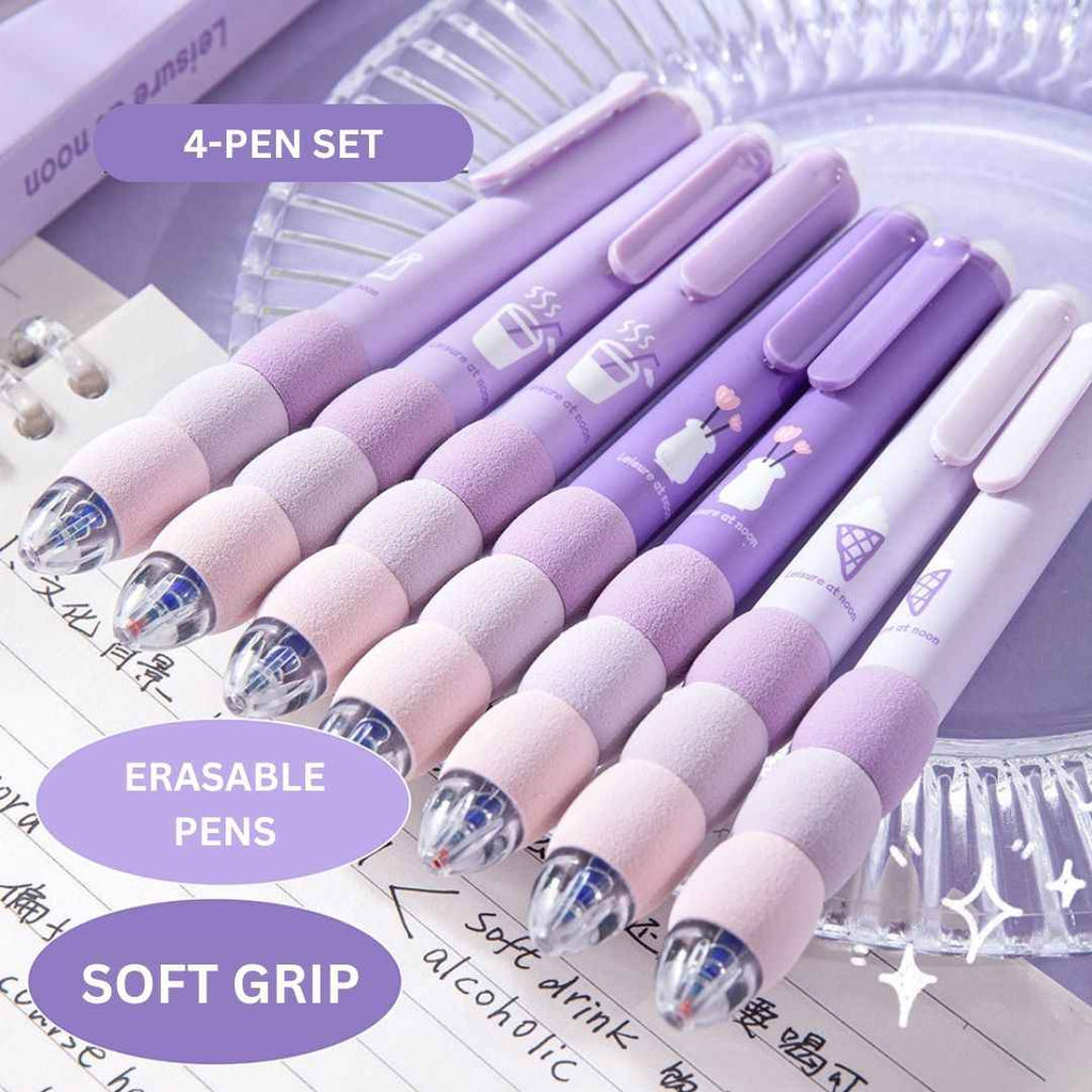 4 Pcs Cute Gel Pens - Aesthetic Retractable Blue Ink Pens with Cartoon Soft Grip for Kawaii Office & School Supplies