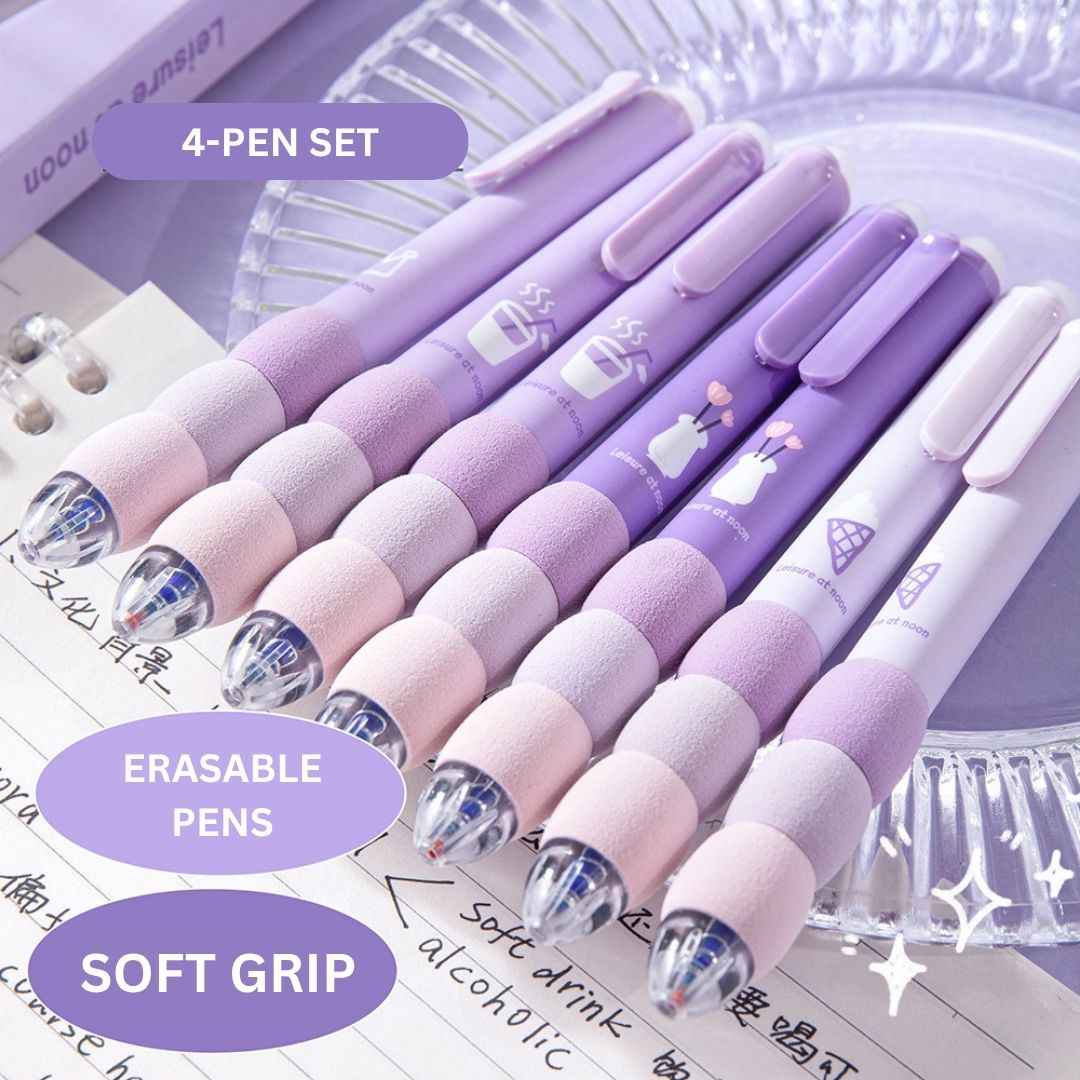 4 Pcs Cute Gel Pens - Aesthetic Retractable Blue Ink Pens with Cartoon Soft Grip for Kawaii Office & School Supplies