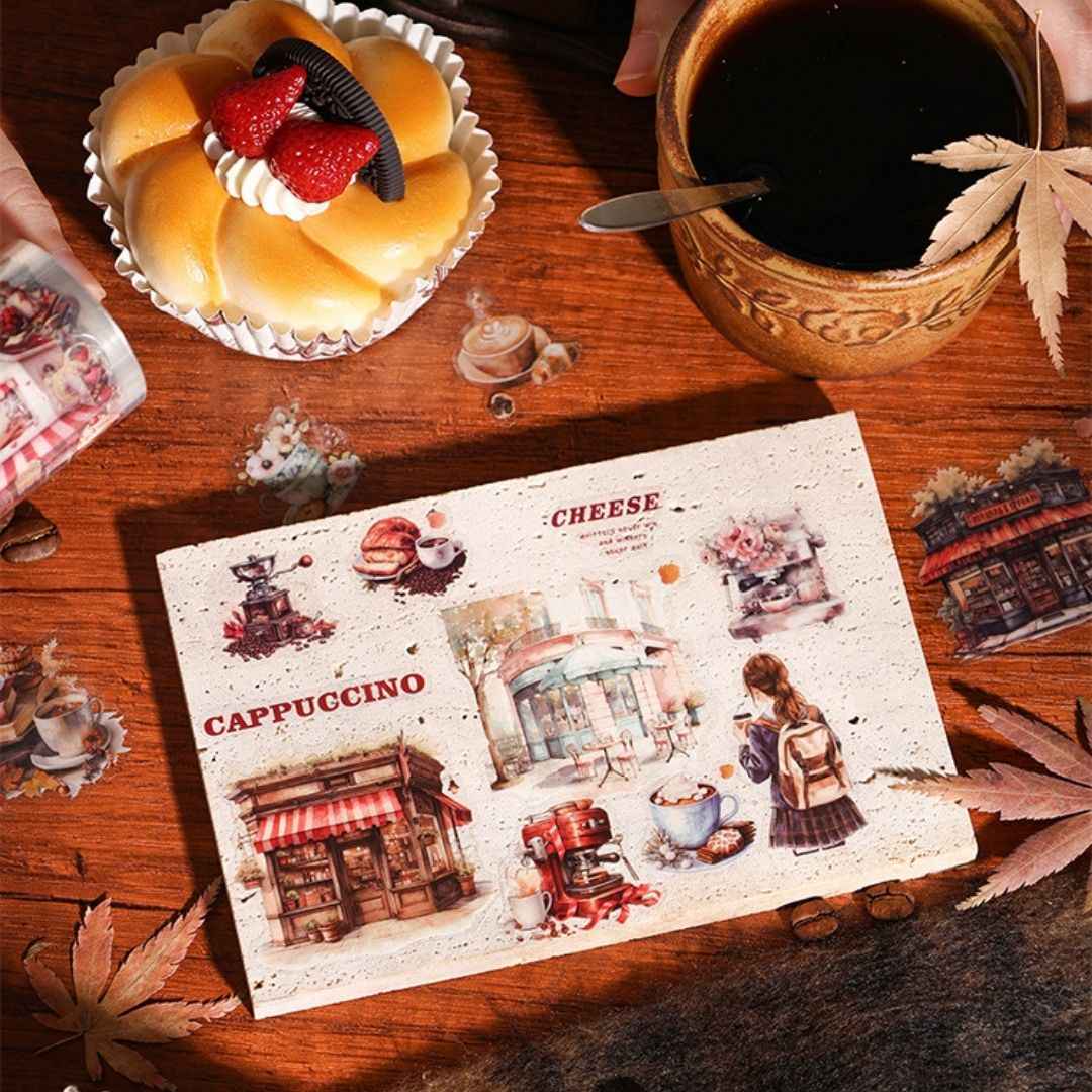 Coffee Washi Tape Set - Vintage Coffee Shop Design, 4 Rolls, 6cm x 200cm Each for Scrapbooking, Journaling, DIY Crafts
