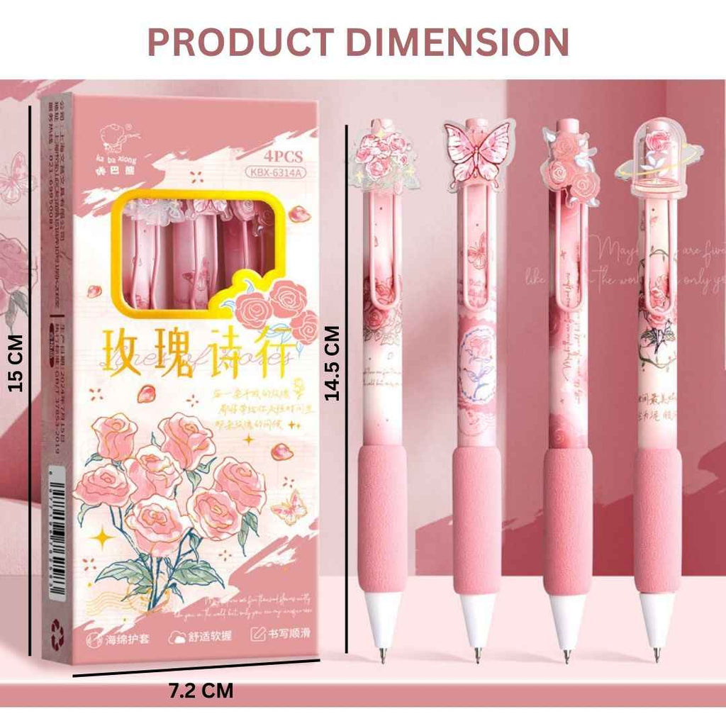 Rose Theme Gel Pen Set - Smooth Writing Pens with Floral Designs for Girls | Pack of 4 for School & Office Use