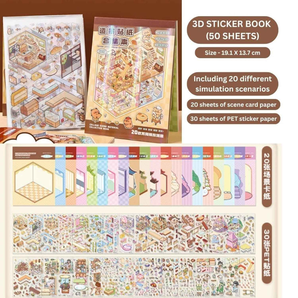 3D Simulation Sticker Book for Kids - 50 Sheets of Fun with 20 Scene Cards & 30 PET Stickers for DIY Cartoon Collage Projects