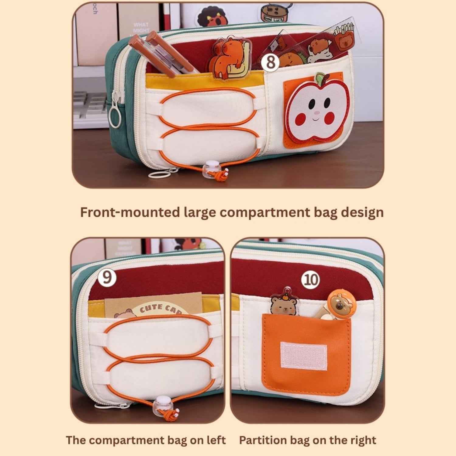 Apple Red Pencil Pouch - Large Capacity Multi-Compartment Zipper Case with Front Pocket & Elastic Organizer for Girls