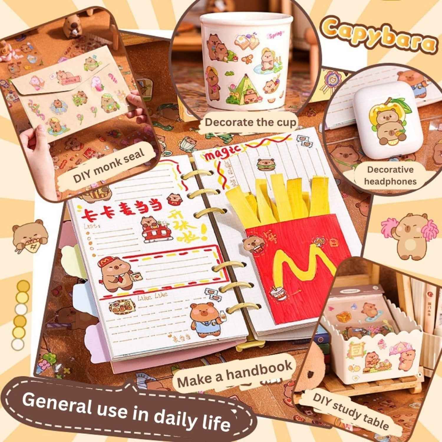 100 pcs Capybara Stickers Set – Kawaii PET Stickers, Japanese Style Craft Stickers, Self-Adhesive Sticker Sheets