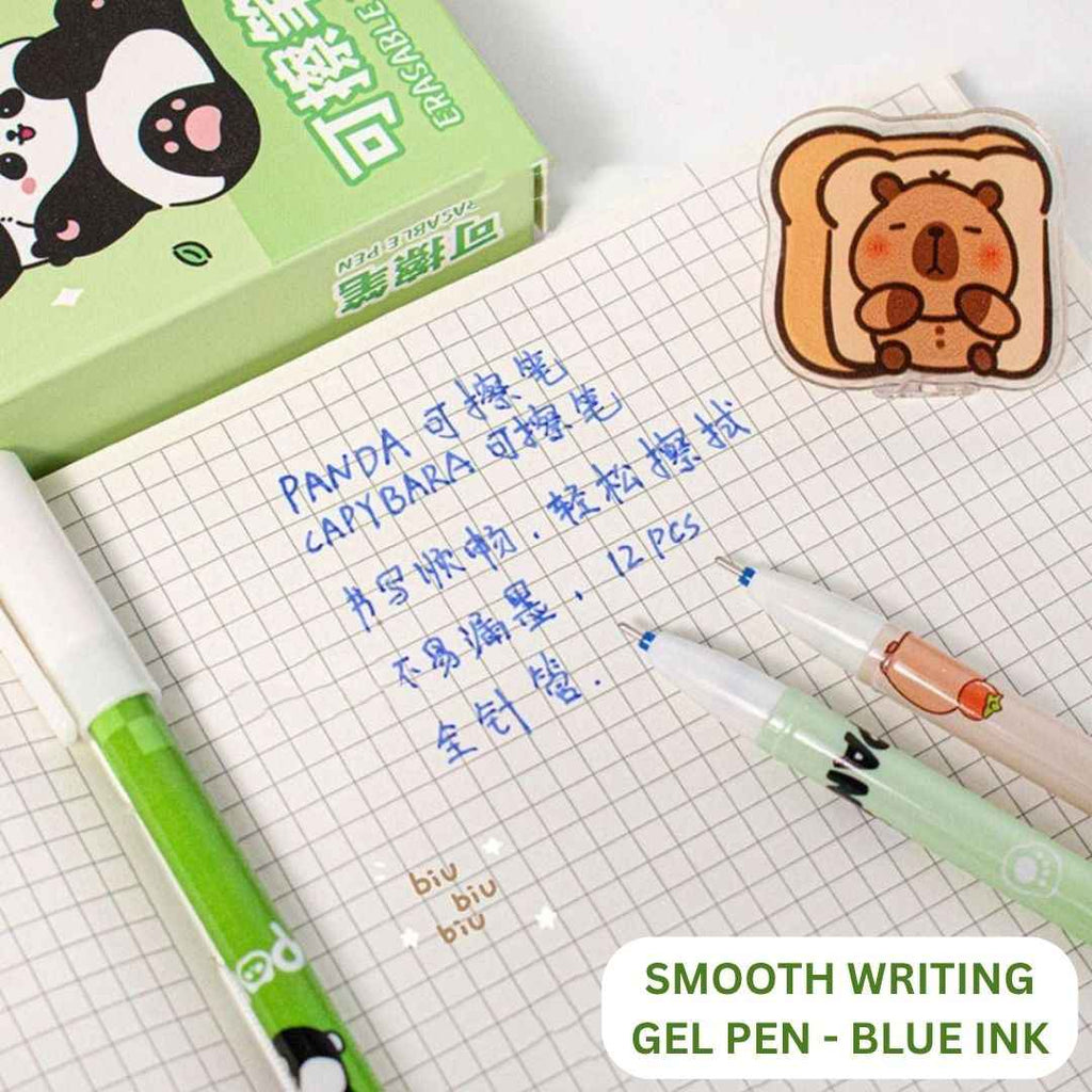 12 Pcs Panda Erasable Gel Pens - 0.5mm Fine Tip, Cute Design, Smooth Blue Ink for Kids, Students, Gifting Women, Girls, Boys, Office & School Supplies