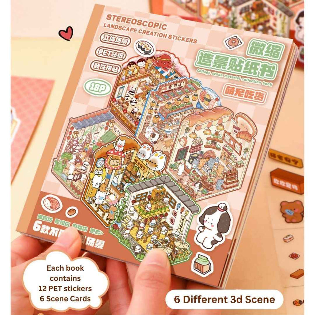 3D Sticker Book for Kids – 18 Sheets of Fun with 6 Scene Cards & 12 PET Stickers for DIY Cartoon Collage