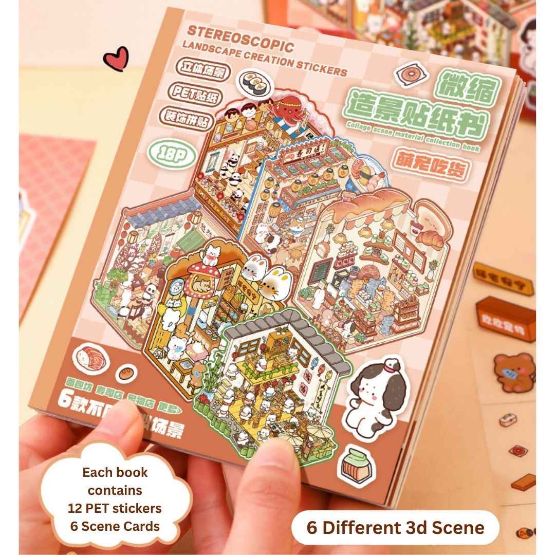 3D Sticker Book for Kids – 18 Sheets of Fun with 6 Scene Cards & 12 PET Stickers for DIY Cartoon Collage