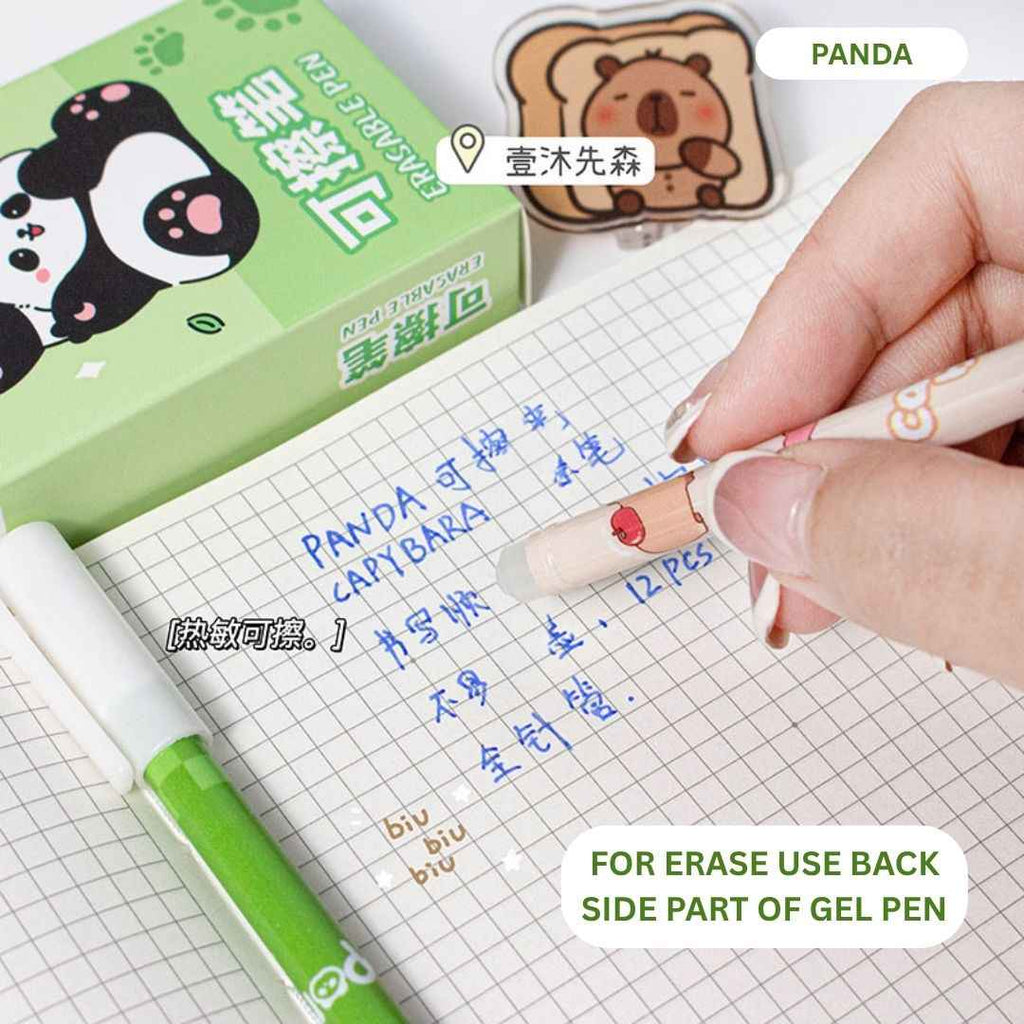 12 Pcs Panda Erasable Gel Pens - 0.5mm Fine Tip, Cute Design, Smooth Blue Ink for Kids, Students, Gifting Women, Girls, Boys, Office & School Supplies