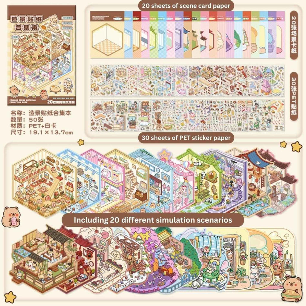 3D Simulation Sticker Book for Kids - 50 Sheets of Fun with 20 Scene Cards & 30 PET Stickers for DIY Cartoon Collage Projects