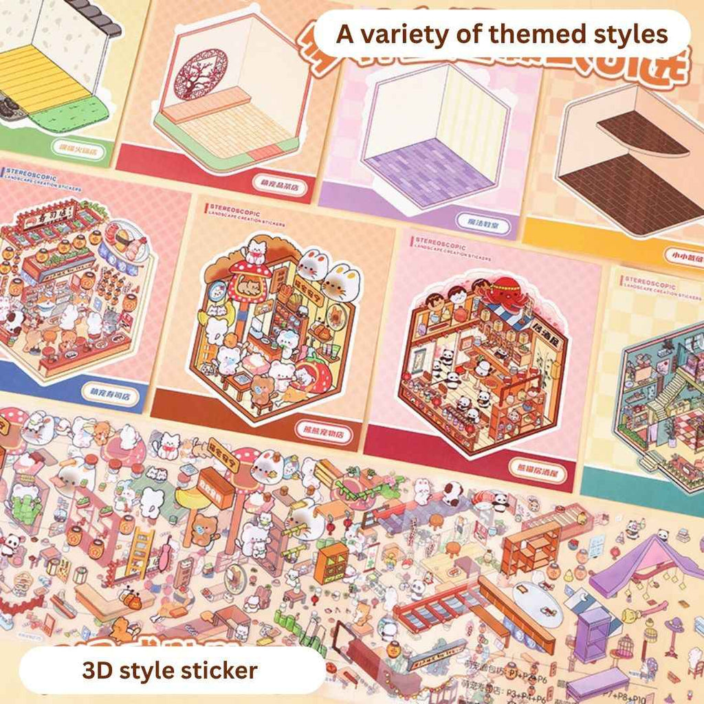 3D Sticker Book for Kids – 18 Sheets of Fun with 6 Scene Cards & 12 PET Stickers for DIY Cartoon Collage