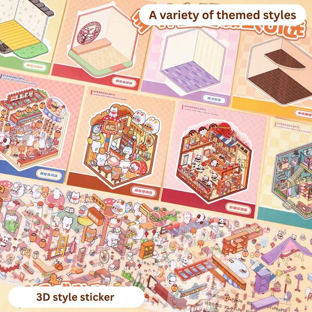 3D Sticker Book for Kids – 18 Sheets of Fun with 6 Scene Cards & 12 PET Stickers for DIY Cartoon Collage