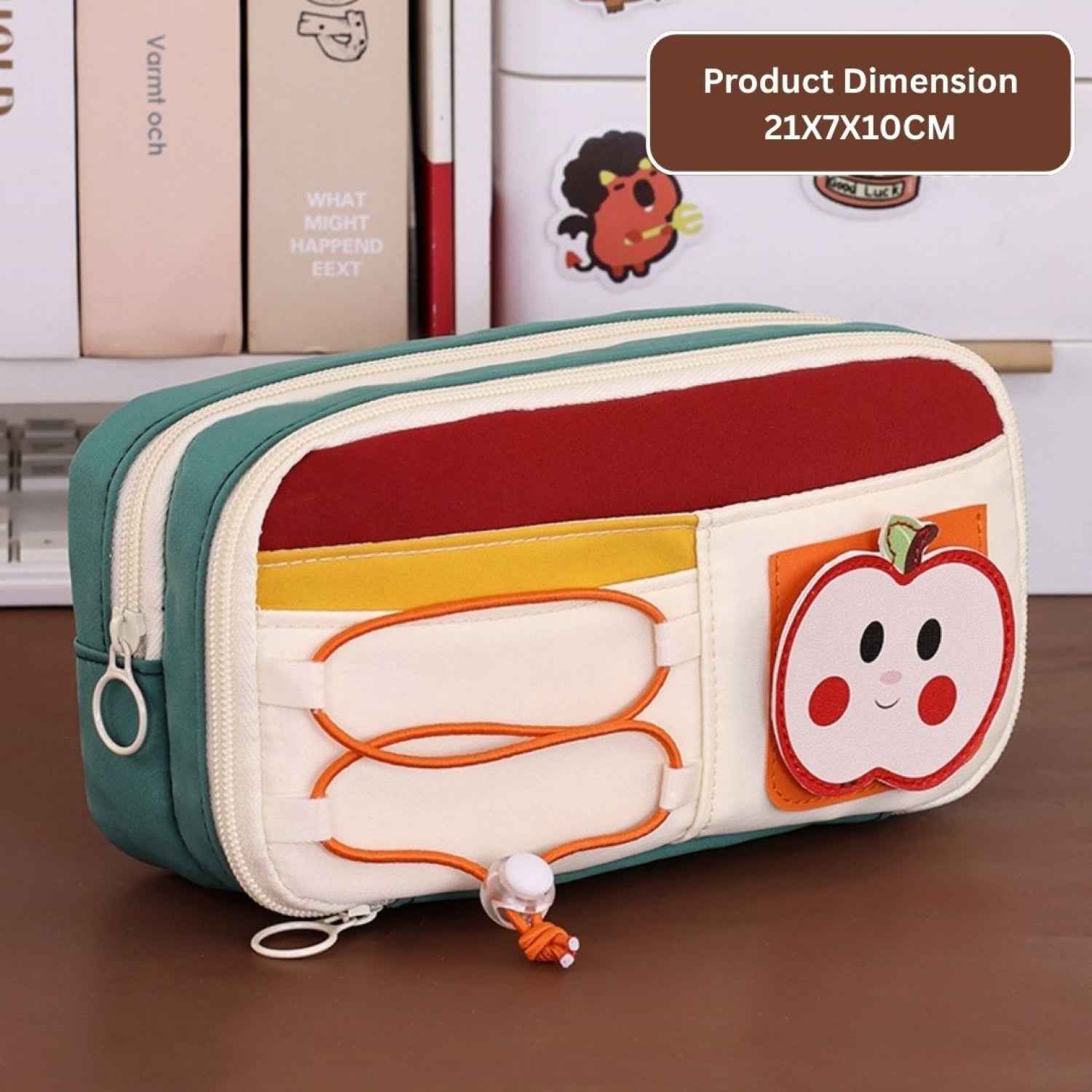 Apple Red Pencil Pouch - Large Capacity Multi-Compartment Zipper Case with Front Pocket & Elastic Organizer for Girls