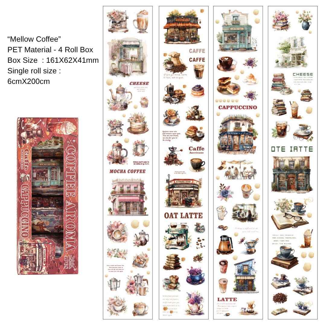 Coffee Washi Tape Set - Vintage Coffee Shop Design, 4 Rolls, 6cm x 200cm Each for Scrapbooking, Journaling, DIY Crafts
