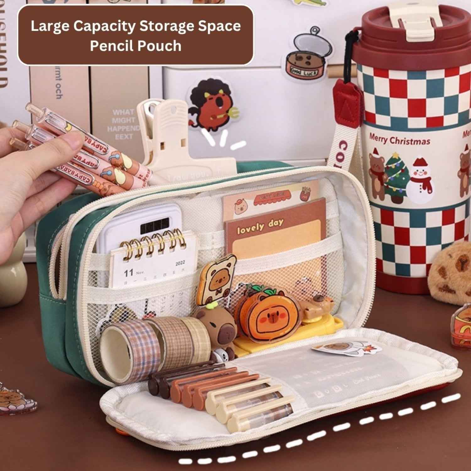 Apple Red Pencil Pouch - Large Capacity Multi-Compartment Zipper Case with Front Pocket & Elastic Organizer for Girls
