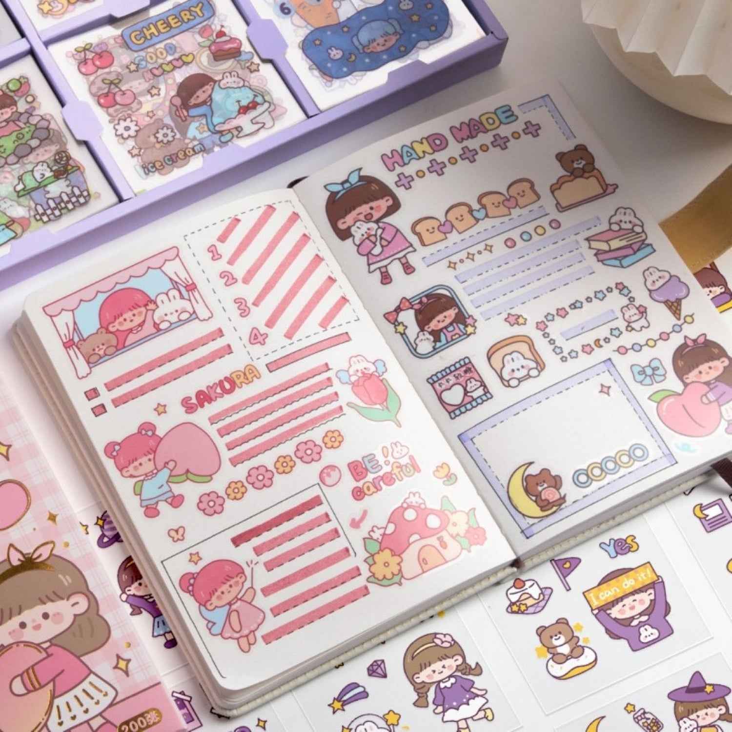Cute Girl Theme Kawaii Stickers for Journaling - 200 Sheets Peach Cake Washi Stickers for Scrapbooking, DIY Crafts & Gifts