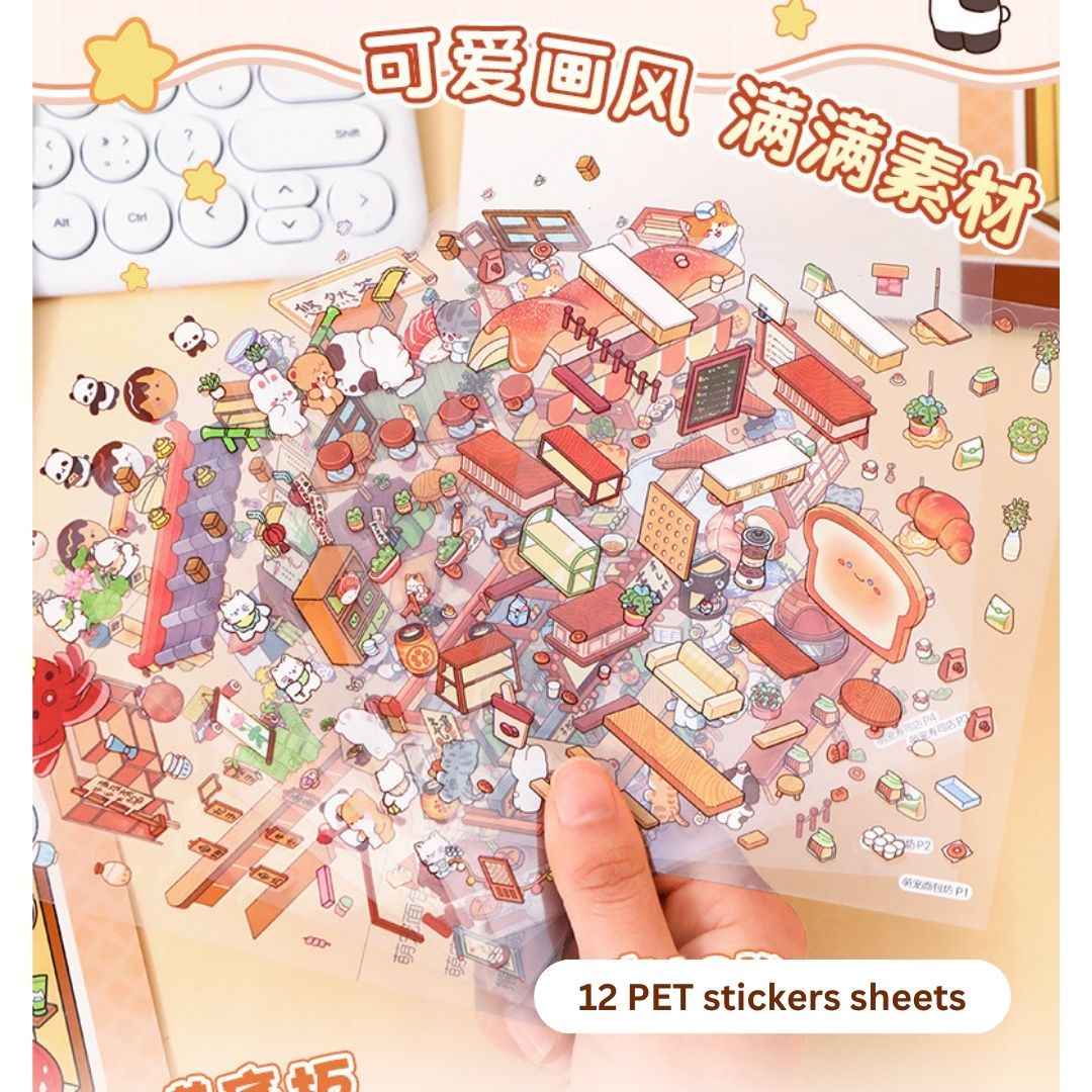 3D Sticker Book for Kids – 18 Sheets of Fun with 6 Scene Cards & 12 PET Stickers for DIY Cartoon Collage