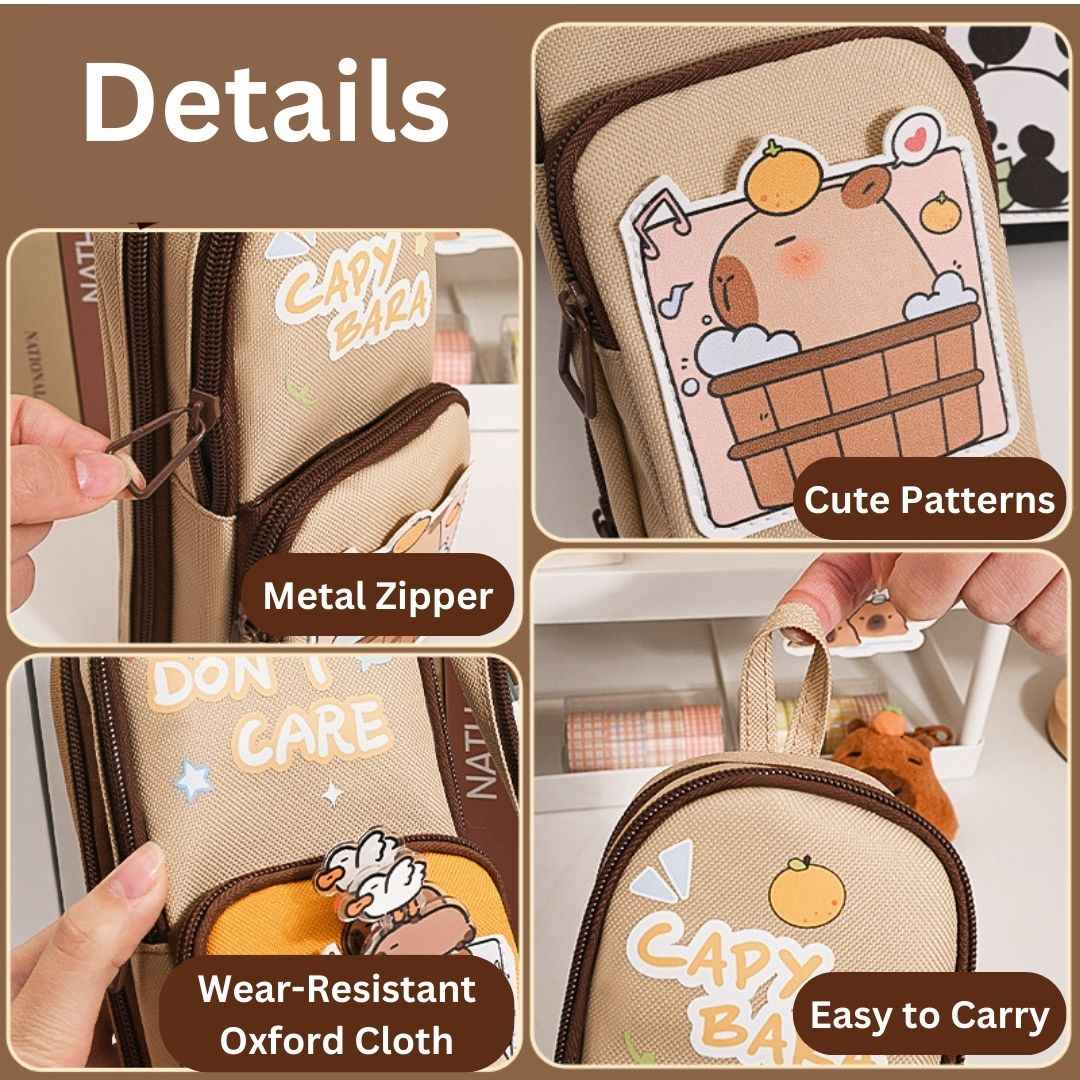 Large Capacity Pencil Case for Kids | Stylish 3 Layer Zipper Pouch & Stationery Organizer | Ideal CAPYBARRA Theme Pencil Box for Boys, Girls & Students