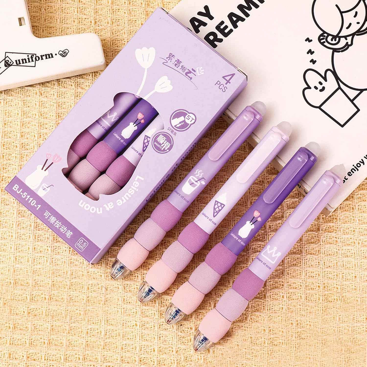 4 Pcs Cute Gel Pens - Aesthetic Retractable Blue Ink Pens with Cartoon Soft Grip for Kawaii Office & School Supplies