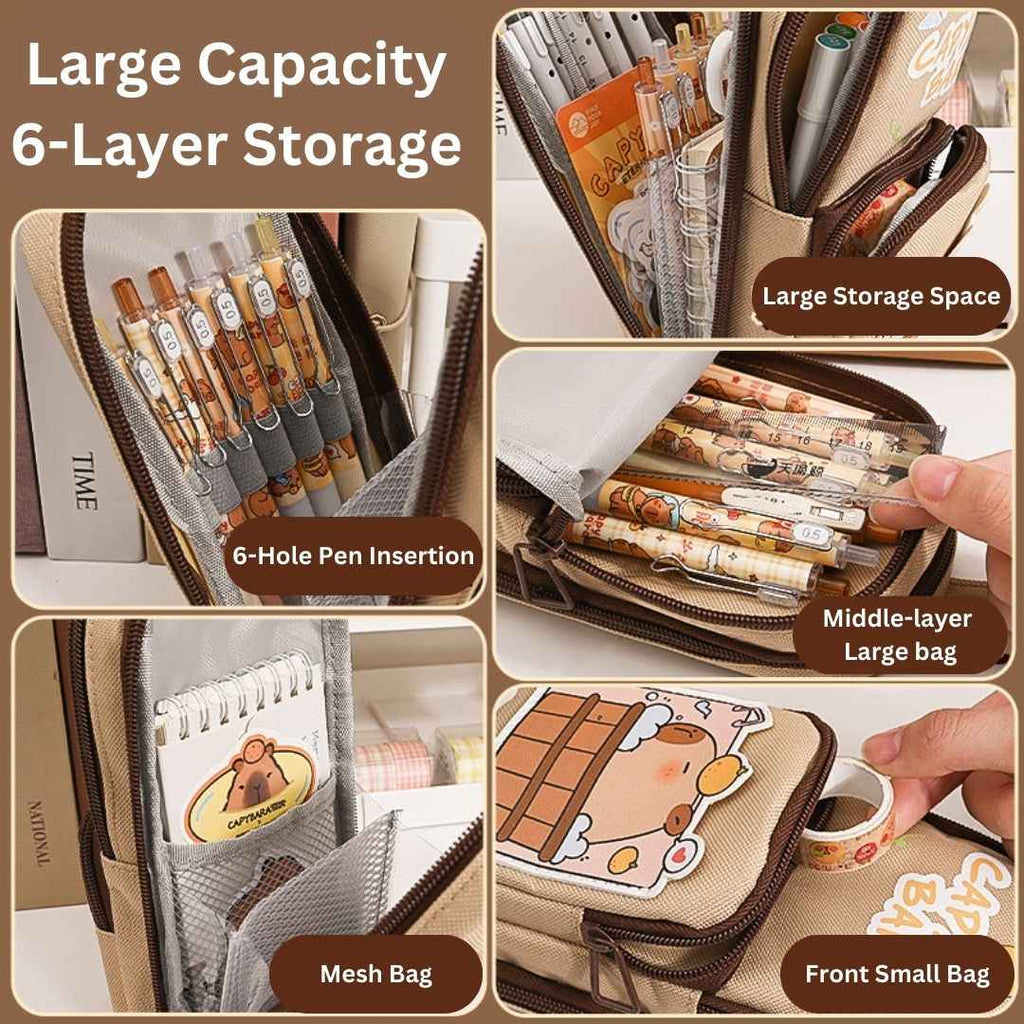 Large Capacity Pencil Case for Kids | Stylish 3 Layer Zipper Pouch & Stationery Organizer | Ideal CAPYBARRA Theme Pencil Box for Boys, Girls & Students