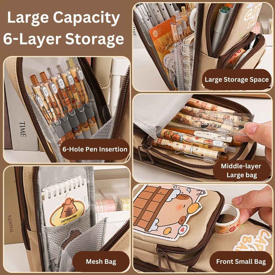 Large Capacity Pencil Case for Kids | Stylish 3 Layer Zipper Pouch & Stationery Organizer | Ideal CAPYBARRA Theme Pencil Box for Boys, Girls & Students