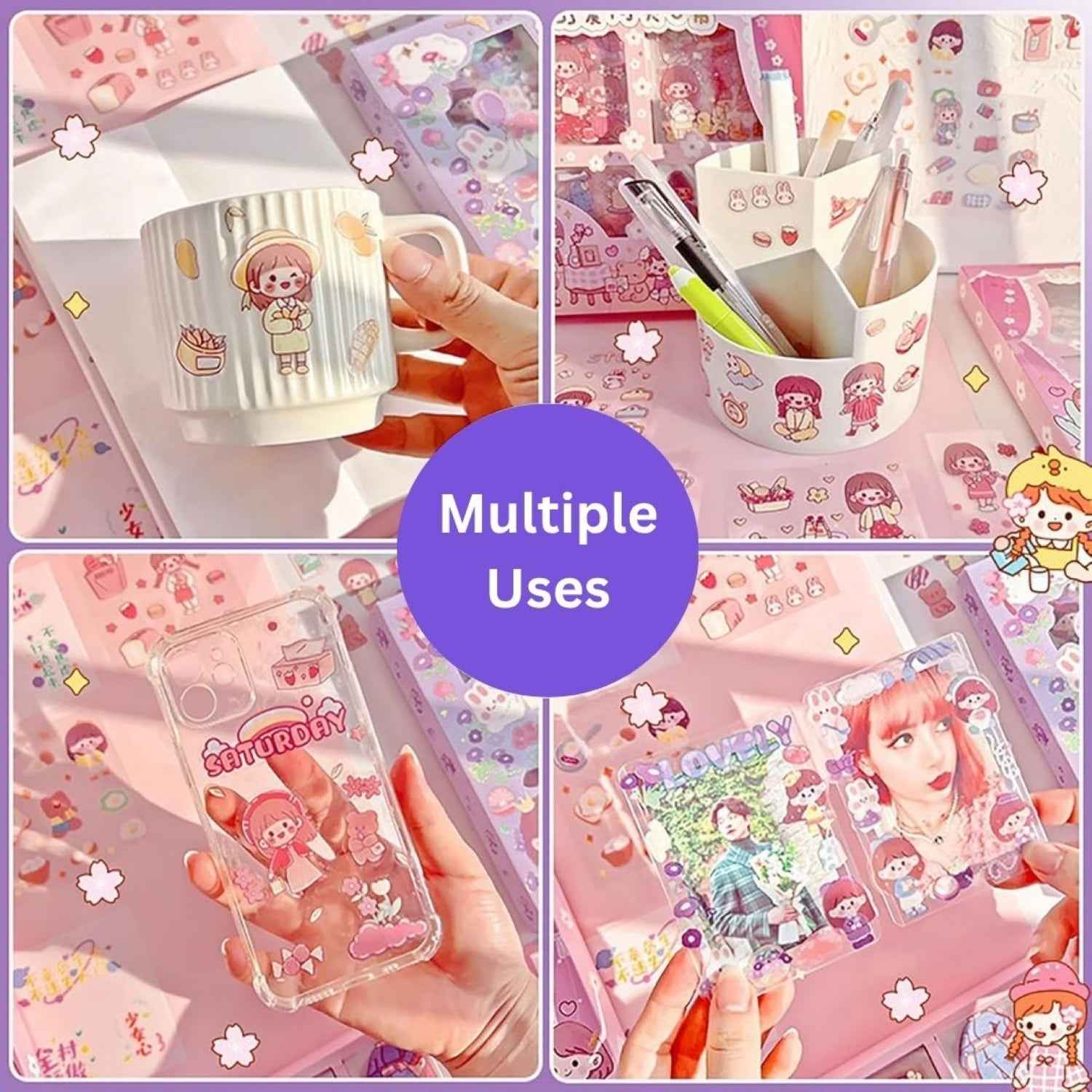 Cute Girl Theme Kawaii Stickers for Journaling - 200 Sheets Peach Cake Washi Stickers for Scrapbooking, DIY Crafts & Gifts
