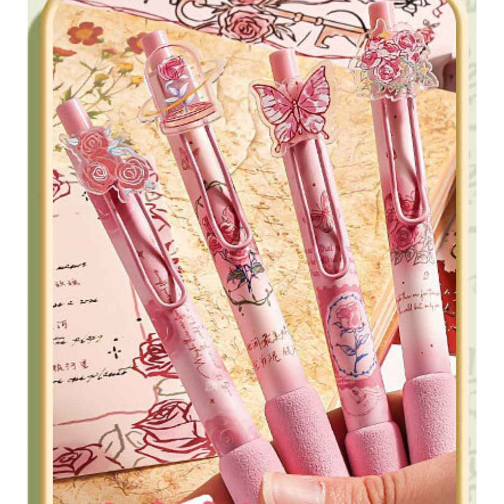 Rose Theme Gel Pen Set - Smooth Writing Pens with Floral Designs for Girls | Pack of 4 for School & Office Use
