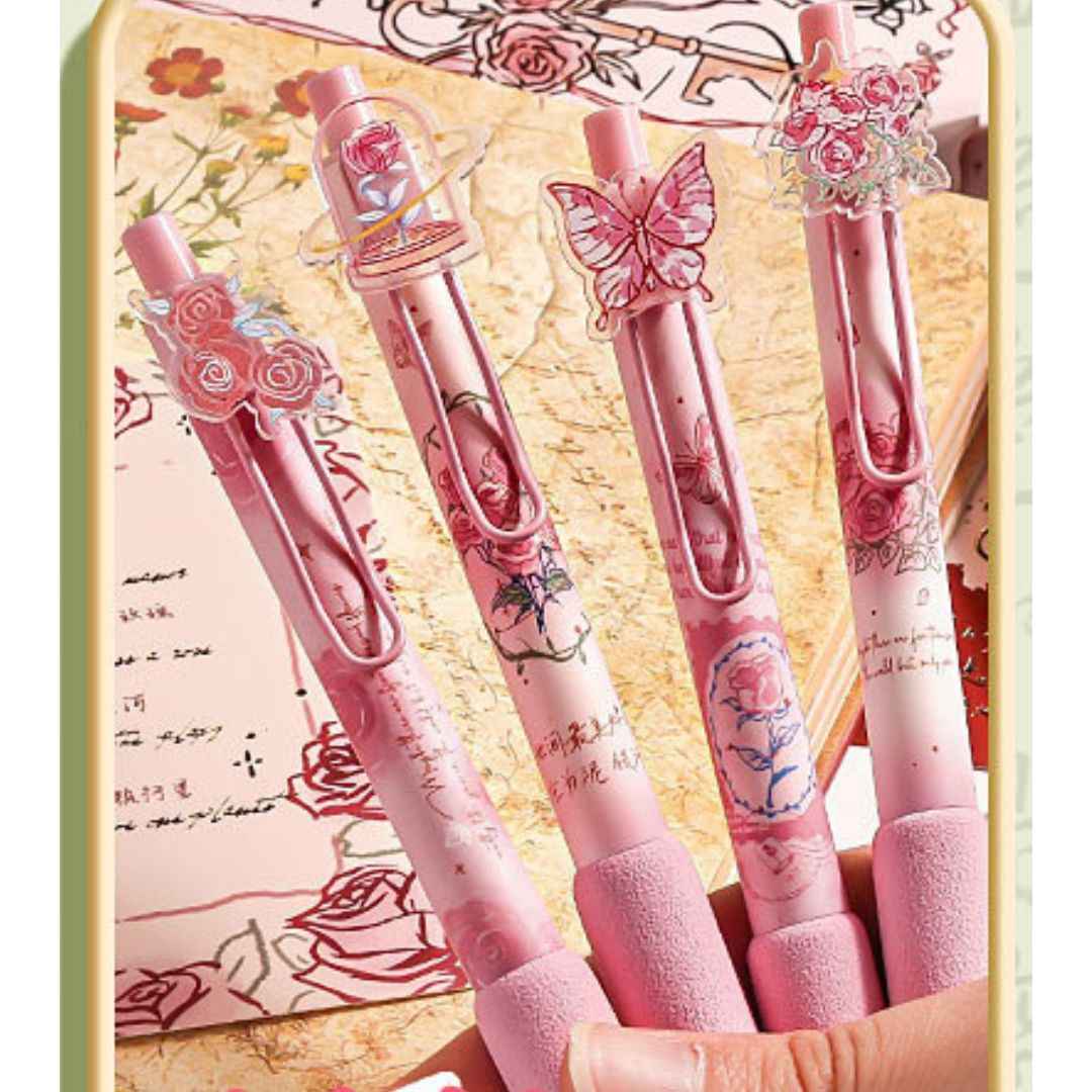 Rose Theme Gel Pen Set - Smooth Writing Pens with Floral Designs for Girls | Pack of 4 for School & Office Use
