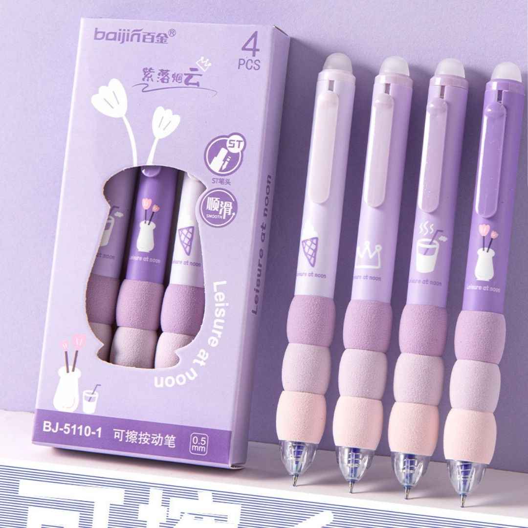 4 Pcs Cute Gel Pens - Aesthetic Retractable Blue Ink Pens with Cartoon Soft Grip for Kawaii Office & School Supplies